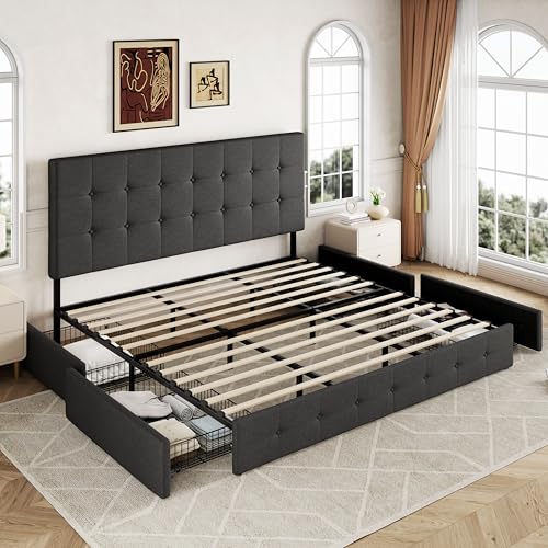 Allewie Upholstered Queen Size Platform Bed Frame with 4 Storage Drawers and Headboard, Square Stitched Button Tufted