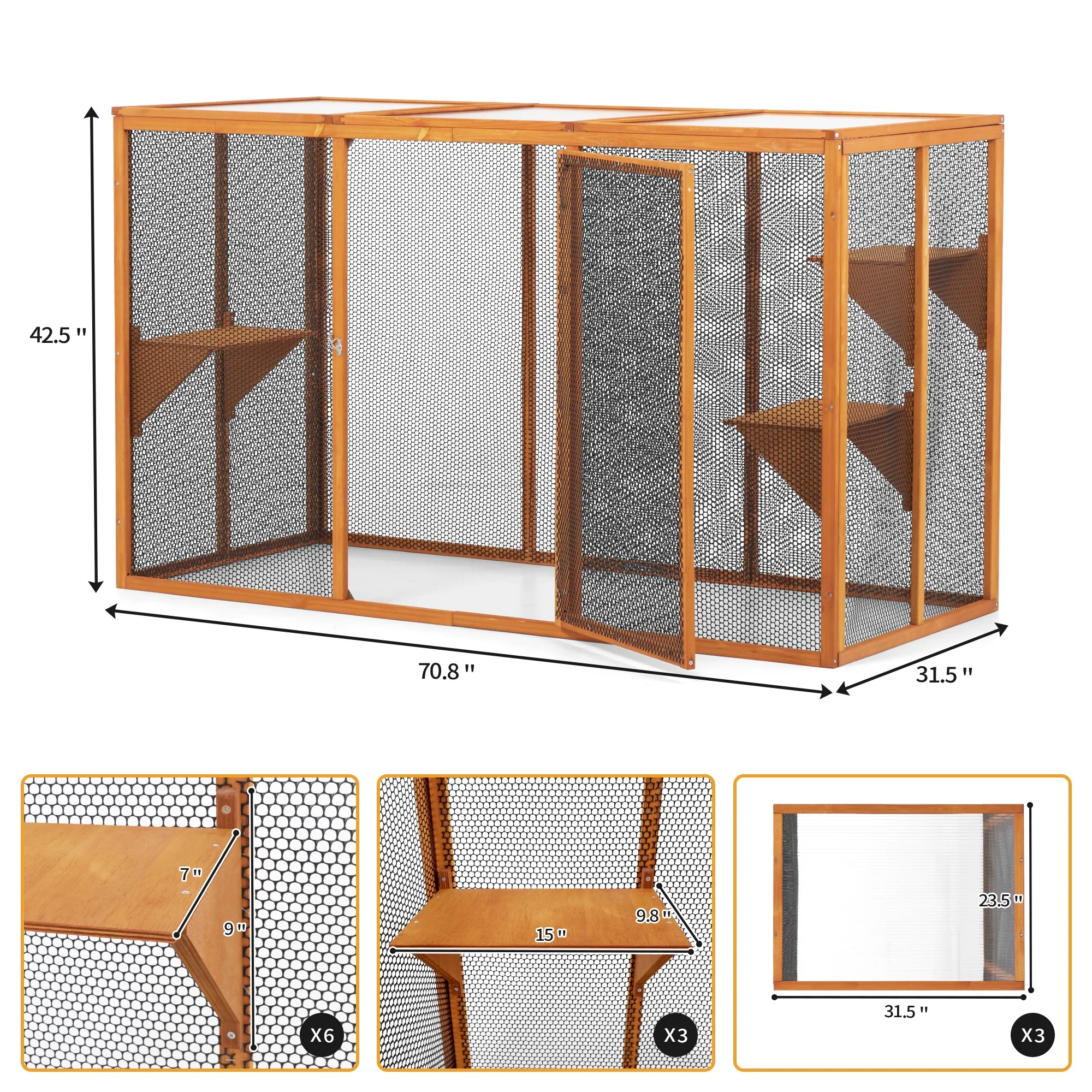 COZIWOW Outdoor Cat House, Wood Cat Catio with Platforms, Lockable Enter Door, Sunshine Panel, Cat Patio Cage Enclosure for Backyard Garden, Orange