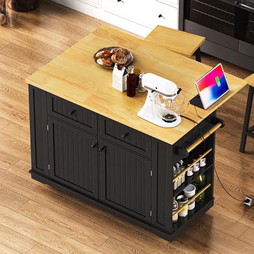 Ball & Cast 48" Large Kitchen Island with Power Outlet,Rolling Kitchen Cart on 5 Wheels W/Drop Leaf and 5 Open Side Racks