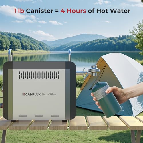 CAMPLUX Nano 3 Pro, Battery Powered Portable Water Heater, 1 lb On-Demand Propane Camping Shower, On Ground Camp Water Heater & Shower Pump