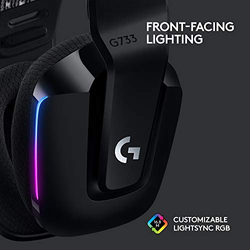 Logitech G733 Lightspeed Wireless Gaming Headset, Suspension Headband, Lightsync RGB, Blue VO!CE Mic, PRO-G Audio – Black, Gaming Headset Wireless