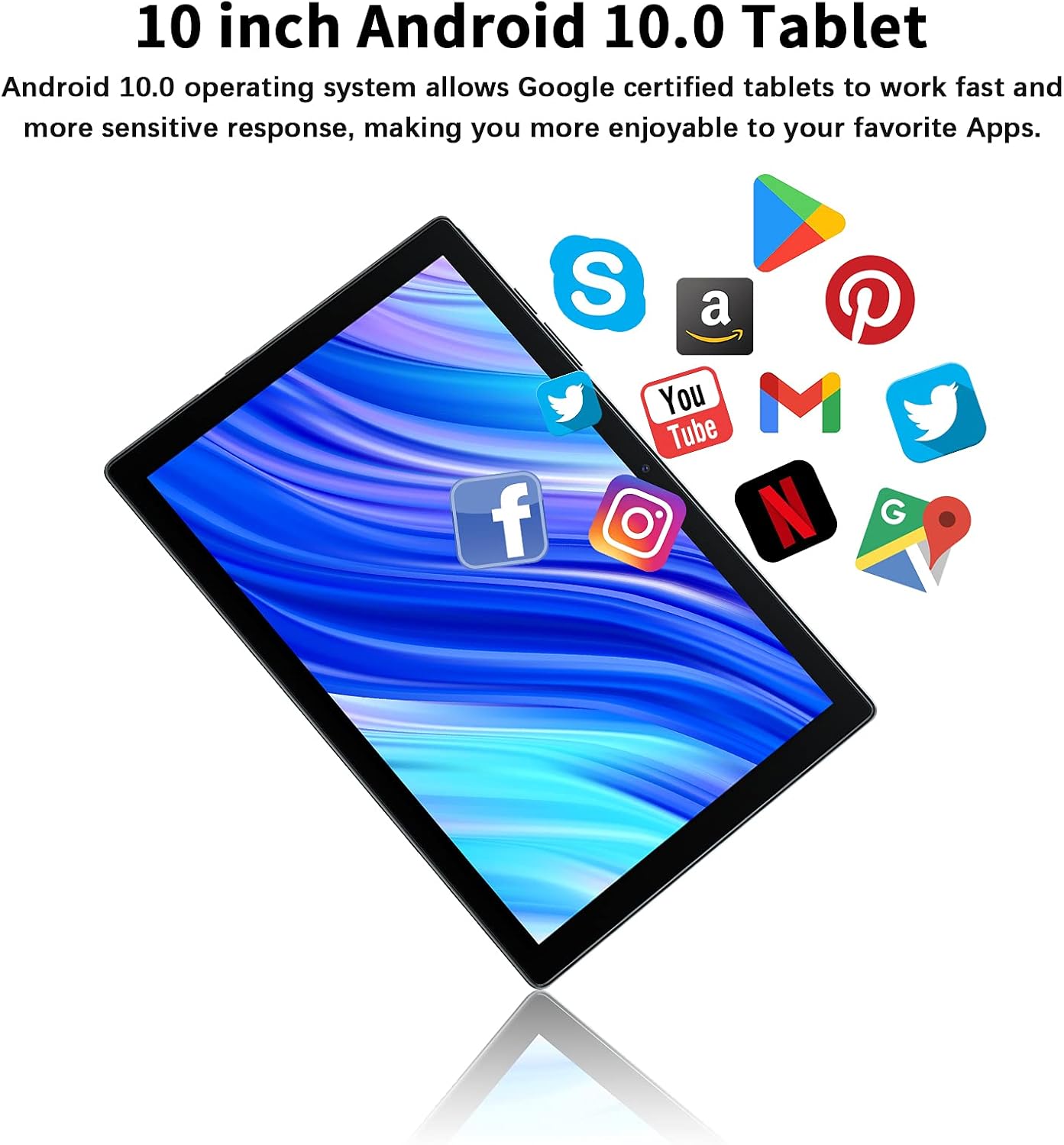 Android Tablet 10 inch, 10 inch Tablet, Android 10.0 OS, 2GB RAM, 32GB ROM, Quad Core Processor, 1280x800 HD IPS Screen, 2MP+8MP Dual Camera