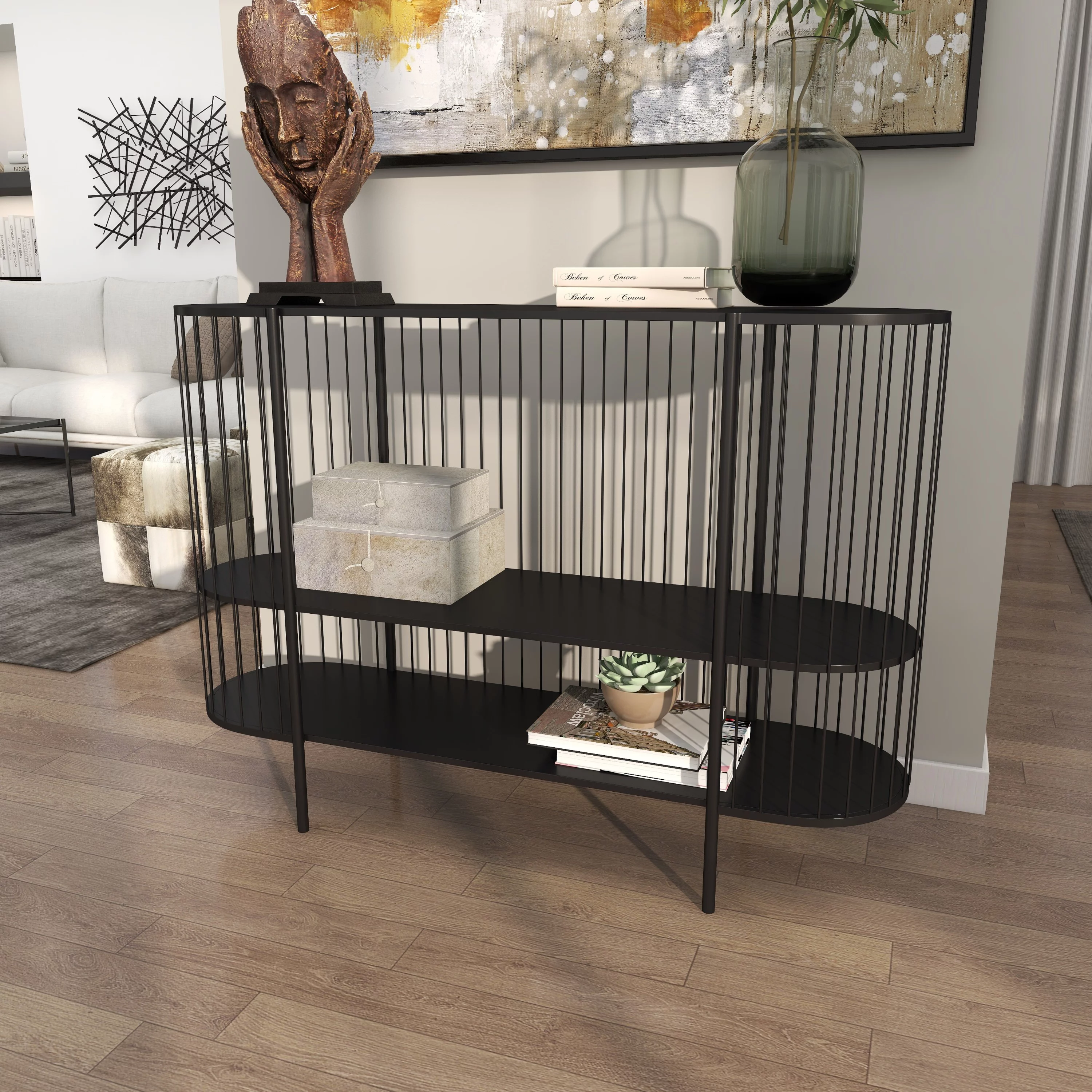 DecMode 48" x 34" Black Metal Narrow Open Wire Frame 2 Shelf Console Table, 1-Piece