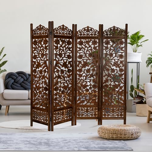 Lightnpro Wooden Room Divider - Handmade Foldable Partition Screen with Intricate Oval Carved Design Hinged