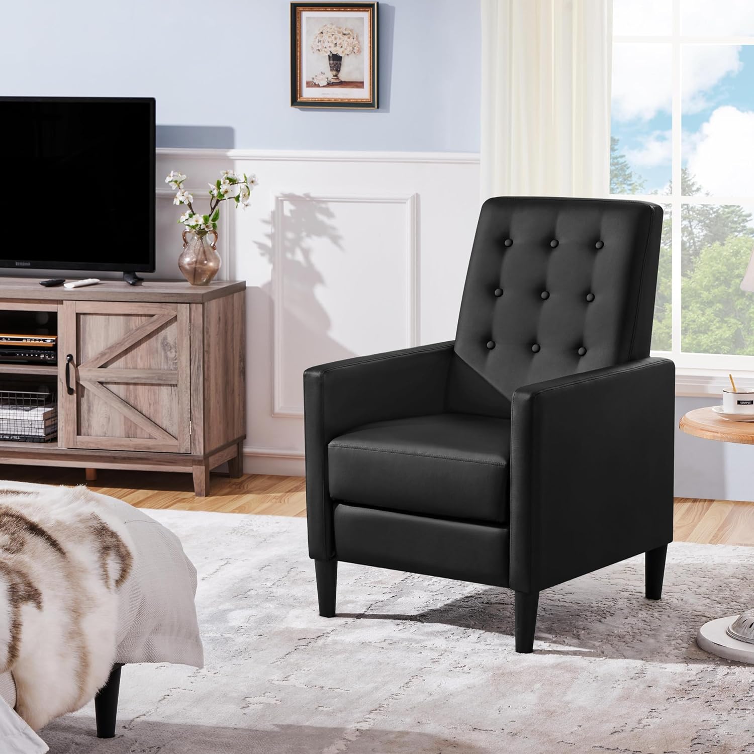 TJUNBOLIFE Faux Leather Recliner Sofa Mid-Century Modern Single Reclining Chair Adjustable Back &amp