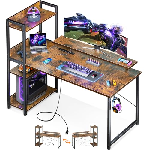 ODK Reversible Gaming Desk with Power Outlets, 40 Inch Computer Desk with Storage Shelves and Monitor Stand, Small Gamer Desk for Home Office