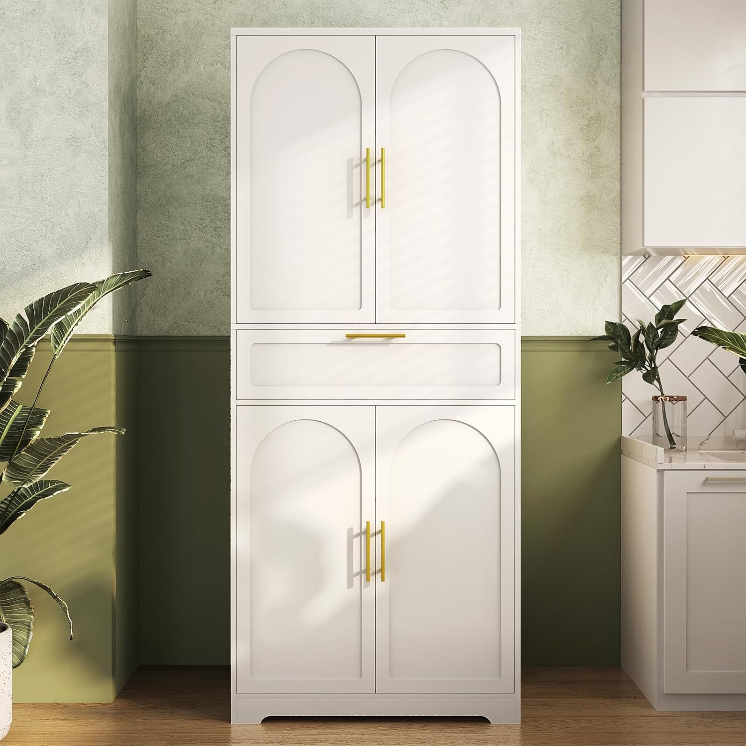 71" Kitchen Pantry Storage Cabinet, Tall Storage Cabinet with Adjustable Shelves, 1 Drawer, 4 Doors, Freestanding Cupboards Sideboard for Dining Room