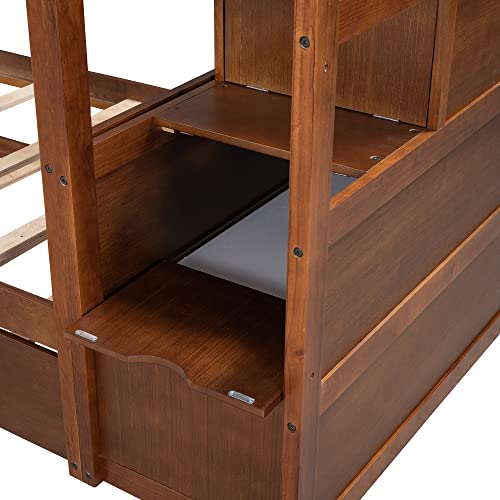 Harper & Bright Designs Twin Over Twin Bunk Bed with Trundle, Wood Bunk Bed with Storage Stairs for Kids Teens Adults (Walnut)