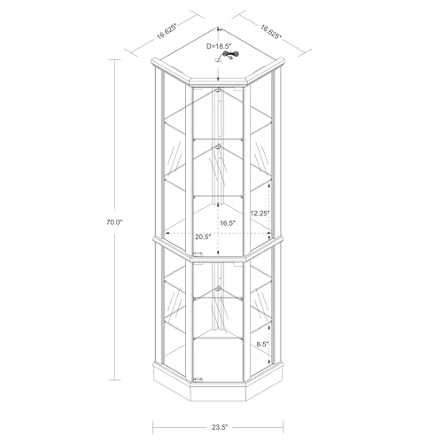 Lighted Corner Display Curio Cabinet Wooden Curved Shelving Unit with Tempered Glass Door, Bar and Liquor Storage Area with 6 Shelves