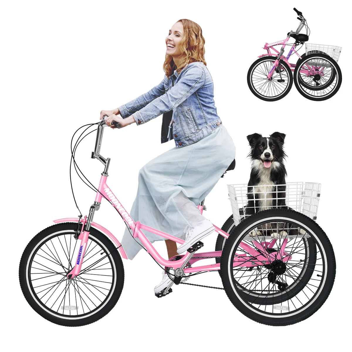 MOONCOOL Adult Folding Tricycle for Adults, 7 Speed 20/24/26 inch 3 Wheels Bikes with Basket, Foldable Tricycle for Adults, Women, Men, Seniors