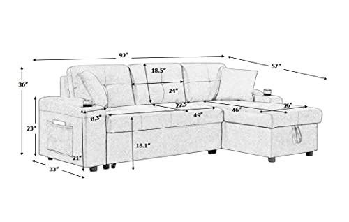 Sectional Sofa Sleeper with Pull Out Bed and Reversible Chaise Lounge, Modern L-Shaped 3-Seat Couch SofaBed with Cupholders