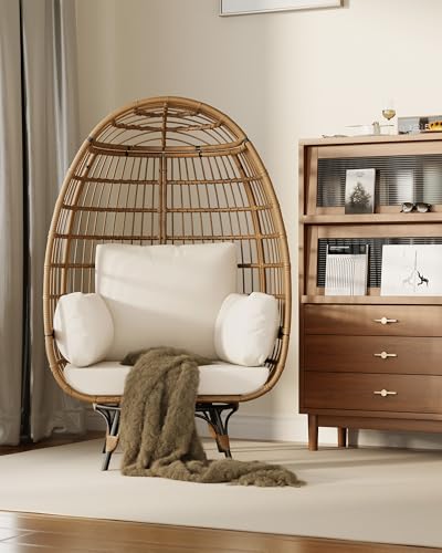 Oversize 360°Swivel Egg Chair Patio Rotating Rattan Egg Basket Lounge Chair, Wicker Egg-Shaped Chair w/Steel Frame Stand and 4 Cushions for Patio