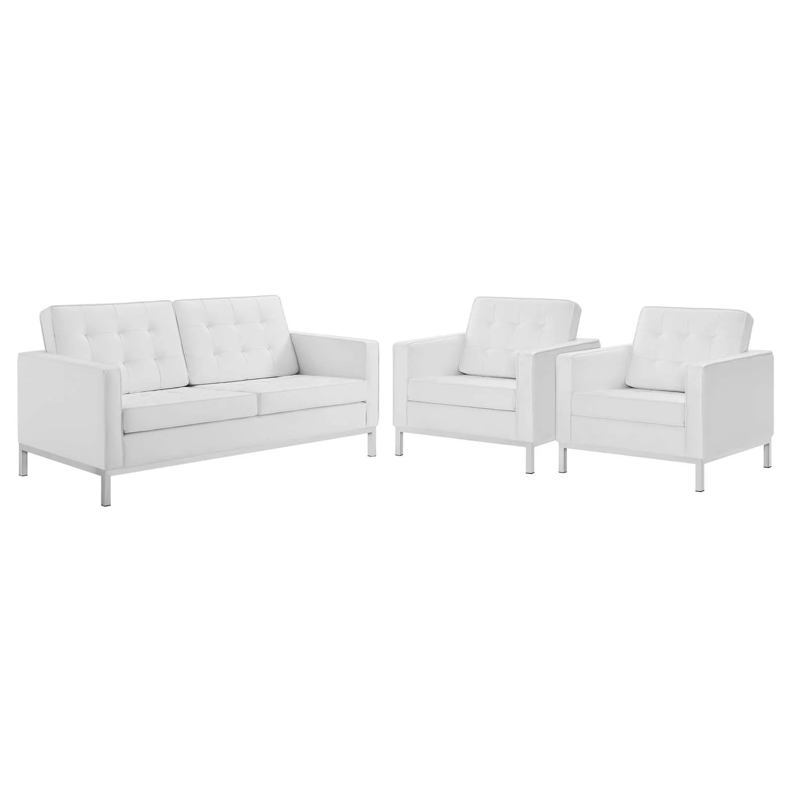 Modway Loft 3 Piece Tufted Upholstered Faux Leather Set in Silver White