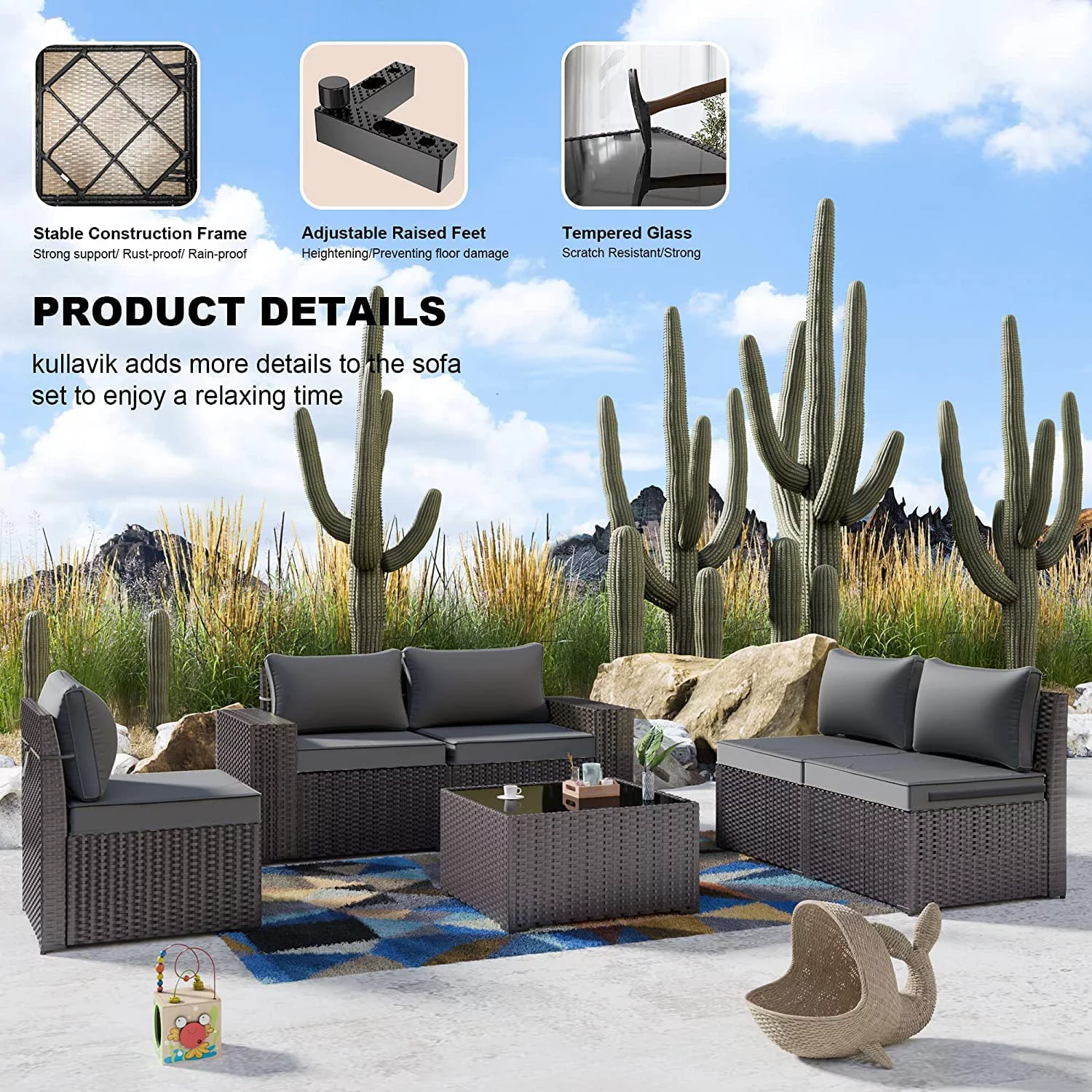Popular Outdoor Patio Furniture Set 6 Pieces Sectional Rattan Sofa Set Brown PE Rattan Wicker Patio Conversation Set with 5 Navy Blue Seat Cushions