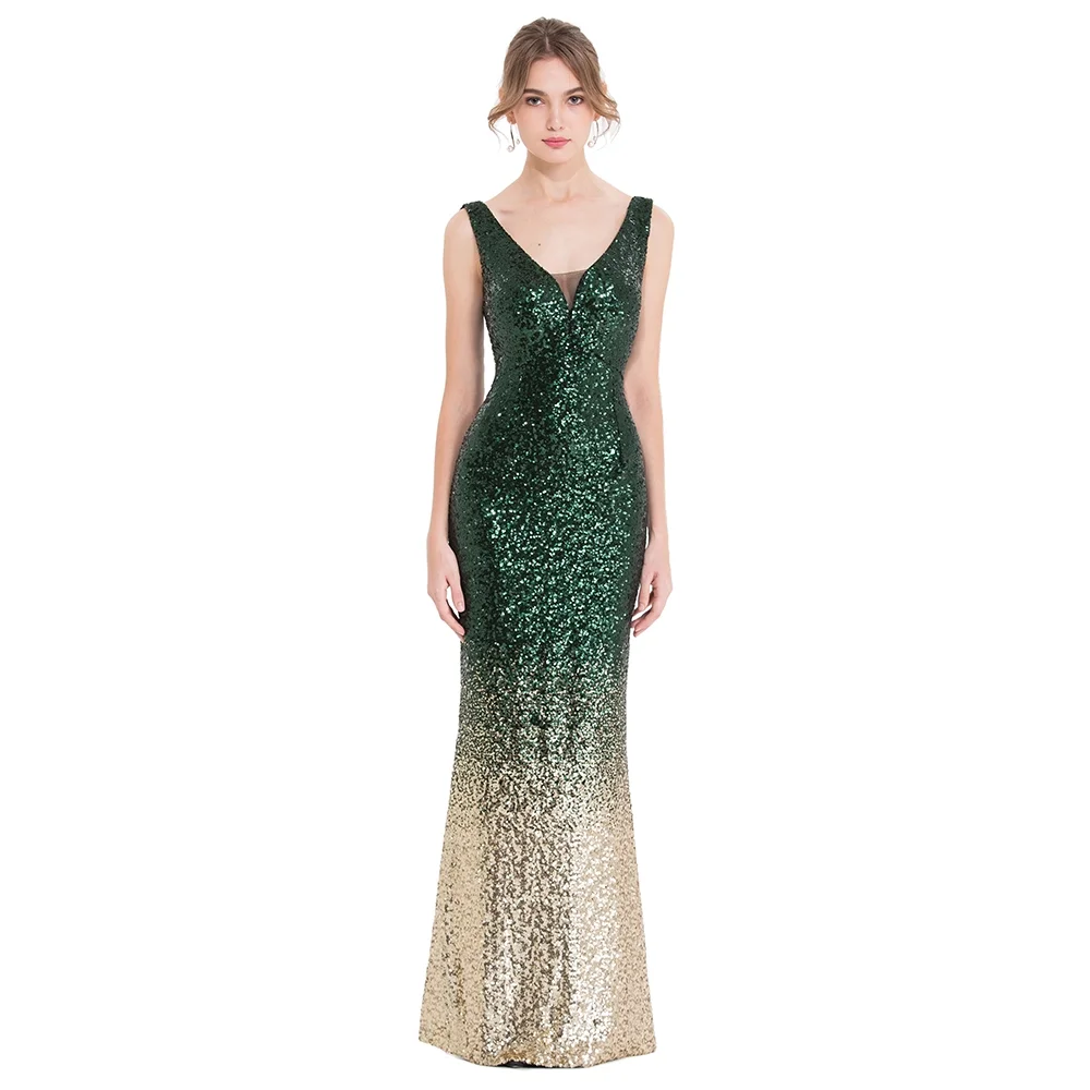 Angel fashions Women's V Neck Gradient Sequin Mother of Bride Dresses 20s Flapper Evening Party Gown Green Gold X-Large