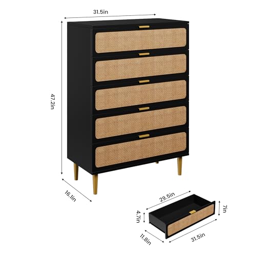 Rattan 5 Drawer Dressers for Bedroom, Tall Dresser with Deep Drawers, Large Chest of Drawers for Closet with Wide Top