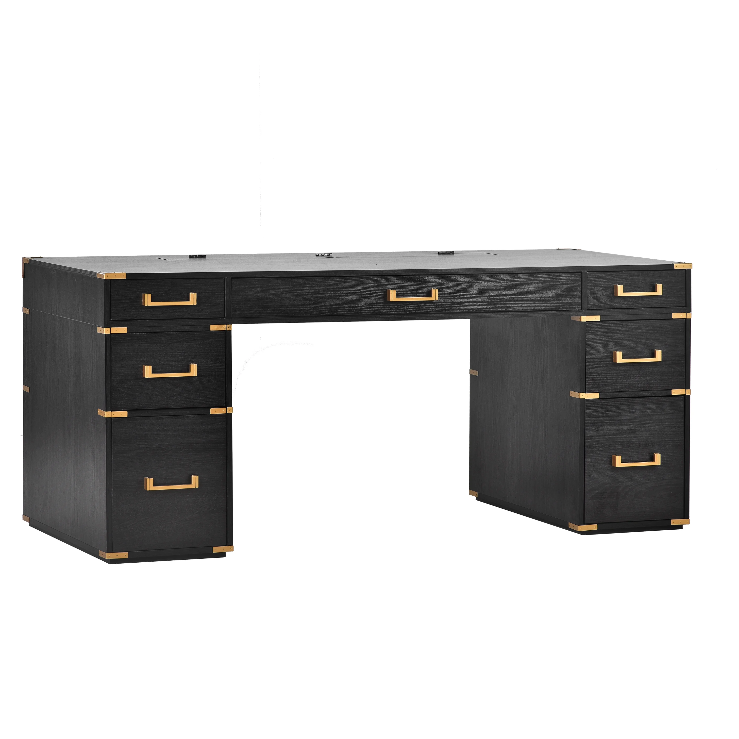 70"Classic and Traditional Executive Desk with Metal Edge Trim ,Writing Desk with 2 File Drawers,Usb Ports and Outlets