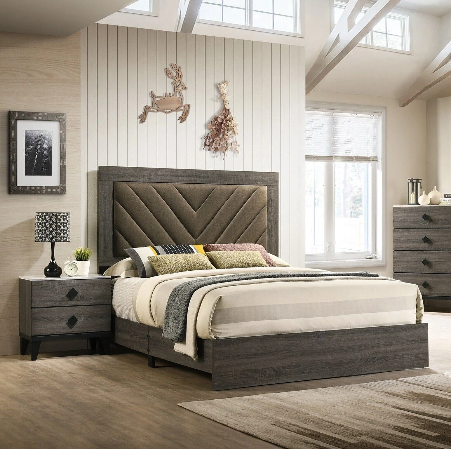 Queen Size Bed And 2x Nightstands Gray Finish Transitional Style Wooden Bedroom Tufted Headboard Bedframe 3pc Furniture Set