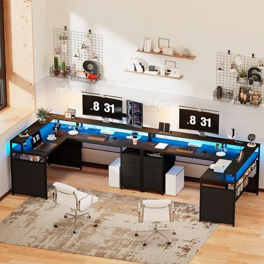 ZFGSUIJN L Shaped Desk with LED Lights &amp; Power Outlets  Reversible Home Office Desk with Drawers &amp