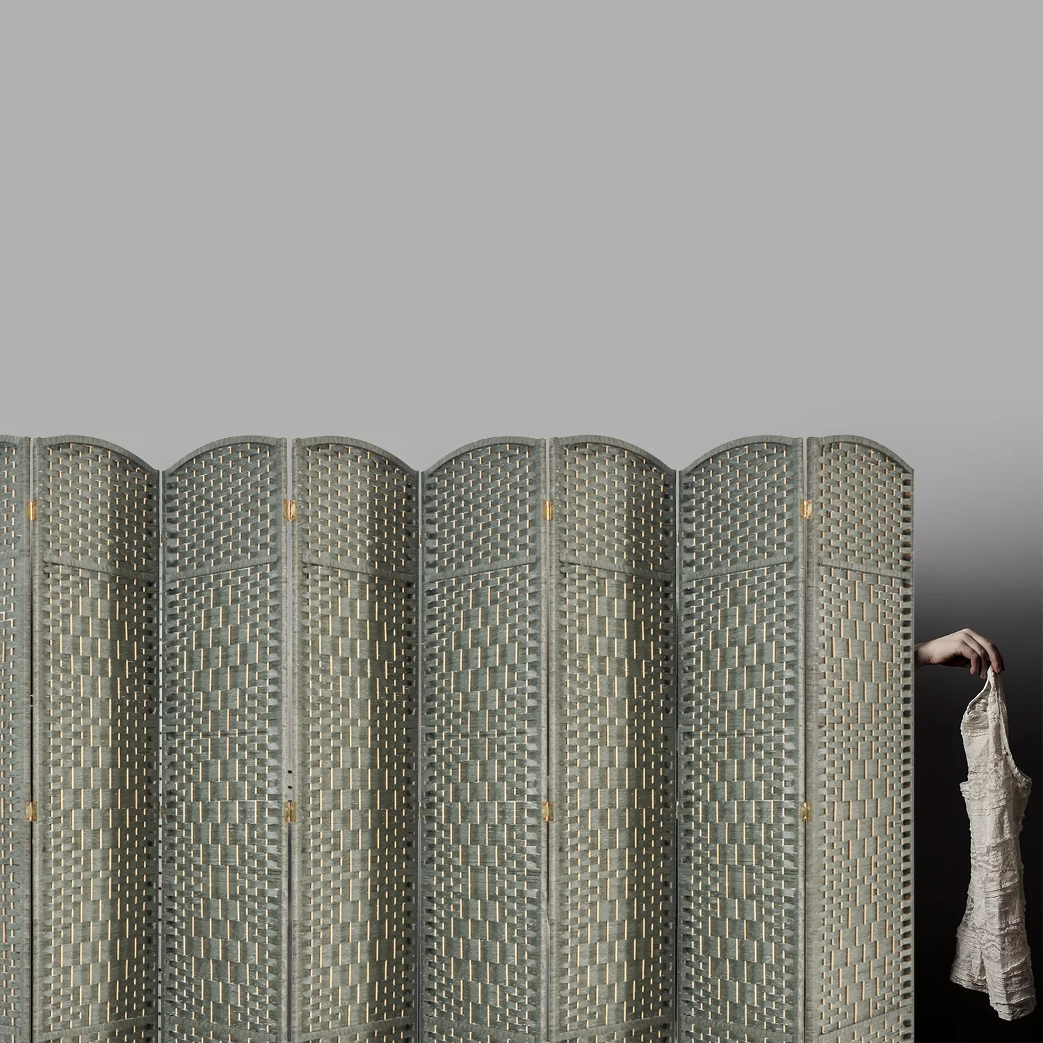 EXCITED WORK 5.7ft Wood Fiber Woven Room Divider 8 Panels, Foldable Mobile Grey Wood Room Divider, Oriental Style Furniture Space Divider