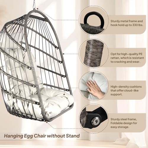 Chihee Egg Chair Foldable Wicker Rattan Hanging Chair Swing Chair Indoor Outdoor Patio Wicker Chair Hammock Chair with Stainless Steel Hanging Kit