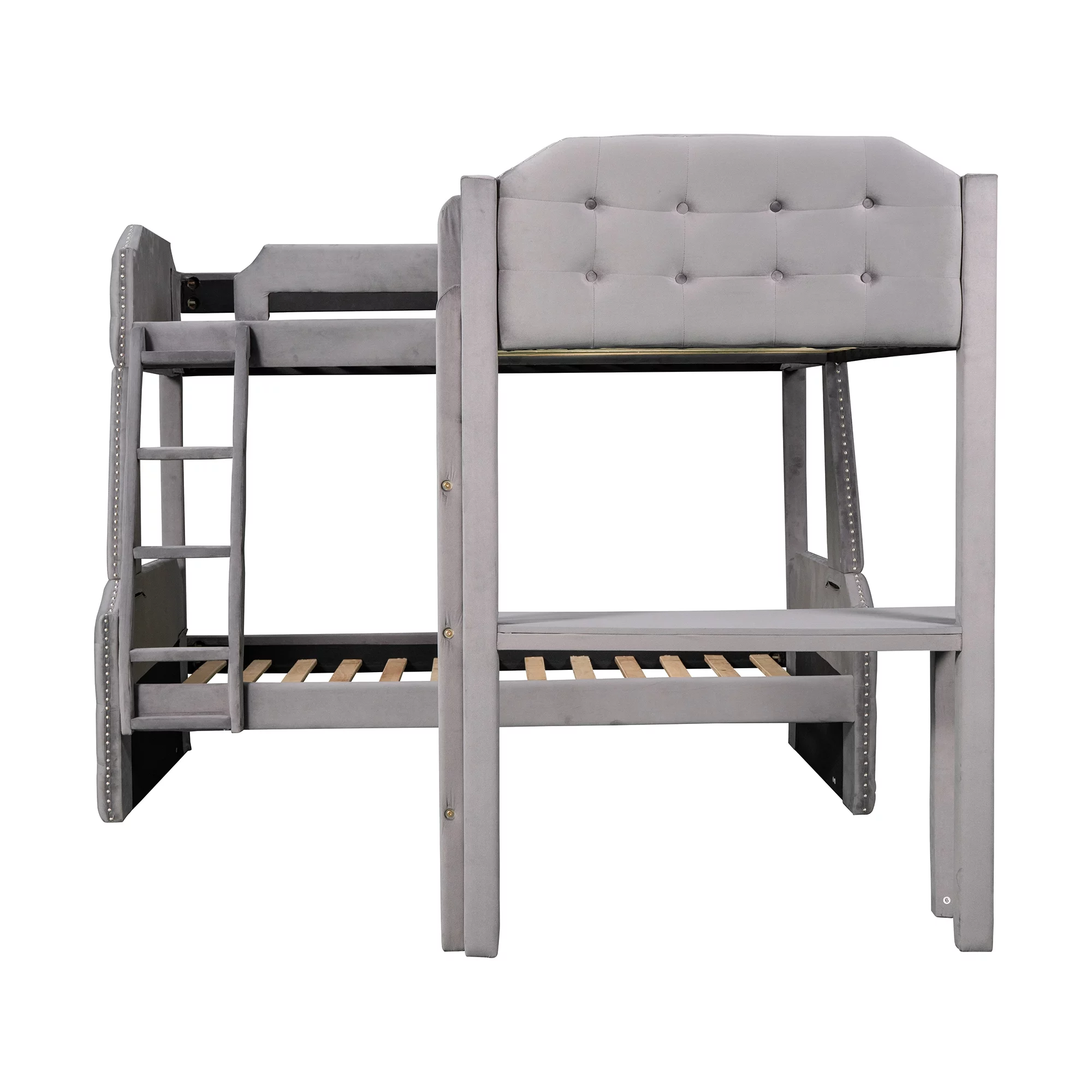Euroco Upholstery Twin over Full Bunk Bed, Twin Size Loft Bed with Built-in Desk, 3-in-1 Bunk Bed, Solid Upholstered Wood Frame for More Kids, Gray