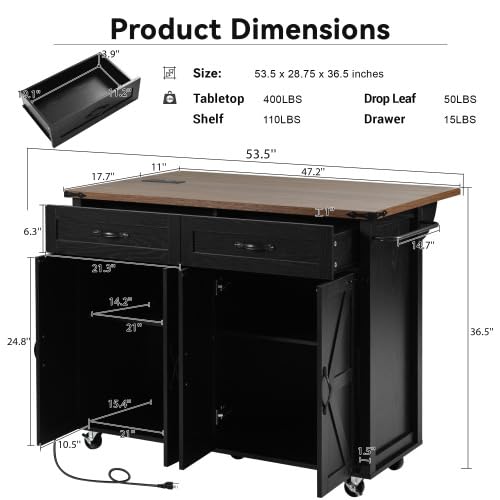 Bellemave Kitchen Island with Storage Cabinet on Wheels, 53.5'' Mobile Kitchen Cart with Power Outlet, Drop Leaf, Spice/Towel Rack and Drawer