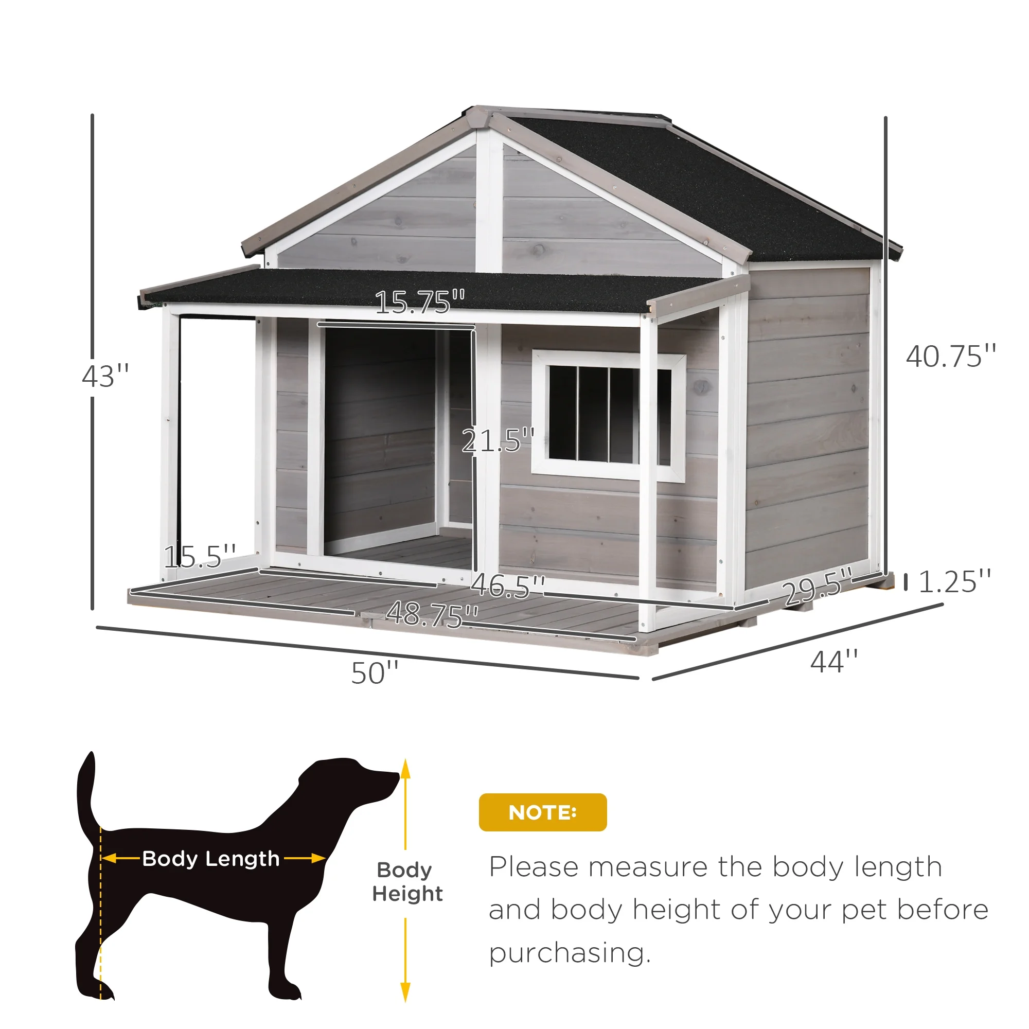 PawHut Outdoor Dog House Cabin Style, Wooden Raised Pet Kennel with Asphalt Roof, Front Door, Side Window, Porch for Medium/Large Dogs