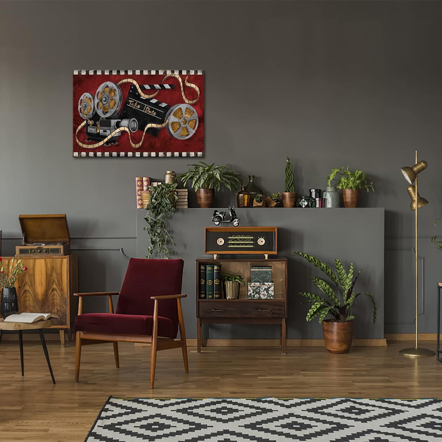 FuShvre Large Movie Wall Art Decor Movie Projector Film Reels Canvas Painting Black and Red Old Fashion Artwork for Bar Pub Home Movie Theater Media