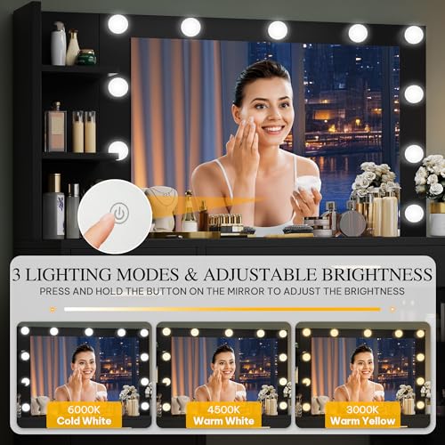DWVO Vanity Desk with Mirror, Large Makeup Table with Power Outlets, 11 LED Bulbs, 3 Adjustable Light Modes, 4 Drawers and Built-in Shelves
