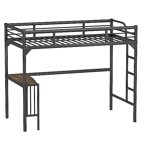 Petfu Loft Bed Twin Size with Desk, Metal Loft Bed Frame with Ladder and Safety Rails, Space-Saving, Noise Free, No Spring Box Needed, Black