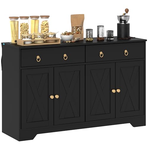 HOMCOM 48" Sideboard Buffet with Storage, Kitchen Storage Cabinet with 2 Drawers and 4 Barn Doors