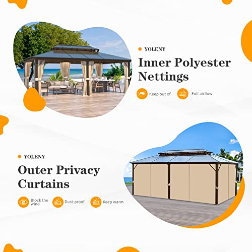 YOLENY 10'x13' Hardtop Gazebo, Outdoor Polycarbonate Double Roof Canopy, Aluminum Frame Permanent Pavilion with Curtains and Netting