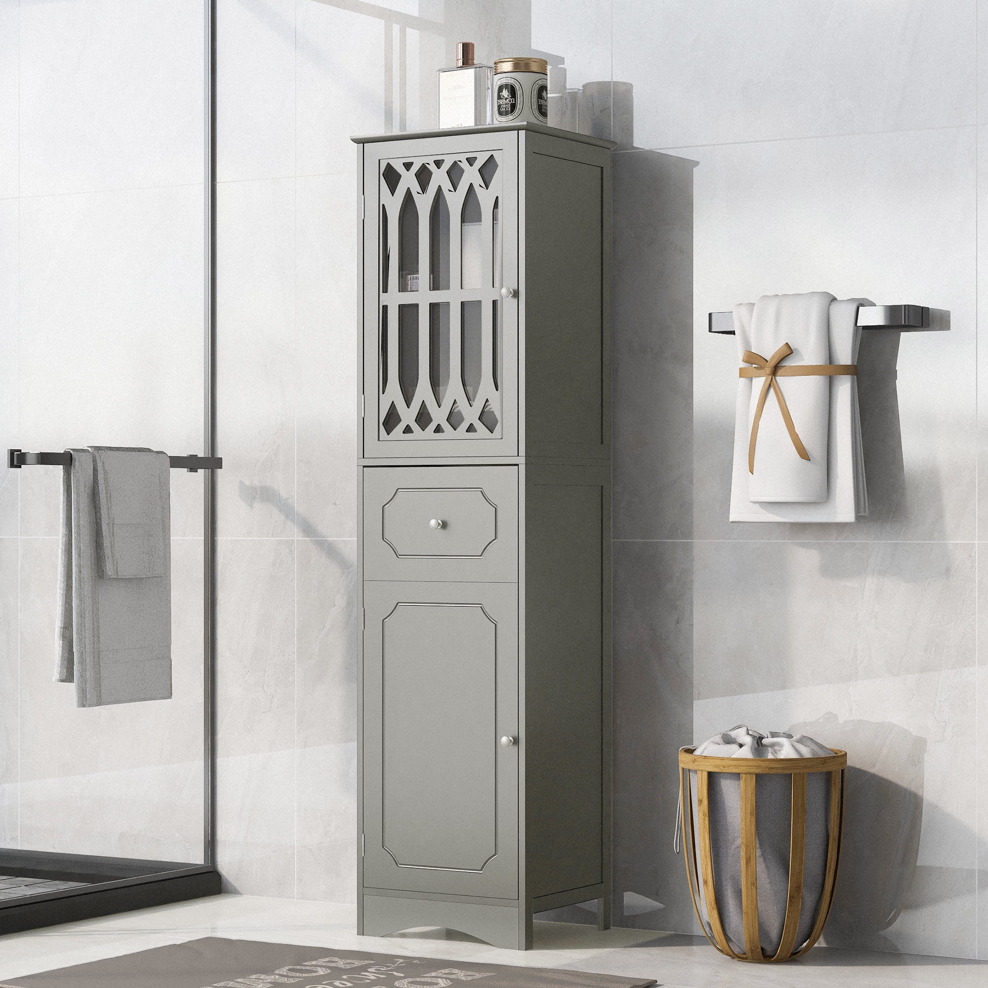 Modern Tall Bathroom Storage Cabinet with Doors Drawers, Wood Floor Freestanding Organizer for Bedroom Living Room