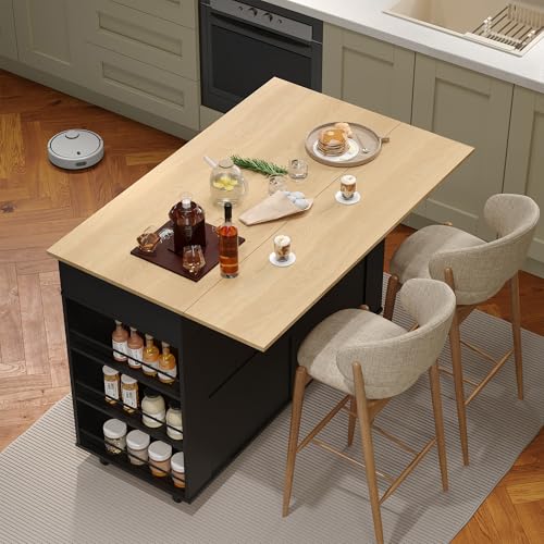 GarveeHome Rolling Kitchen Island Cart with Power Outlet & Drop Leaf, Kitchen Storage Cabinet On Wheels with 3 Drawers, Spice Rack & Towel Rack