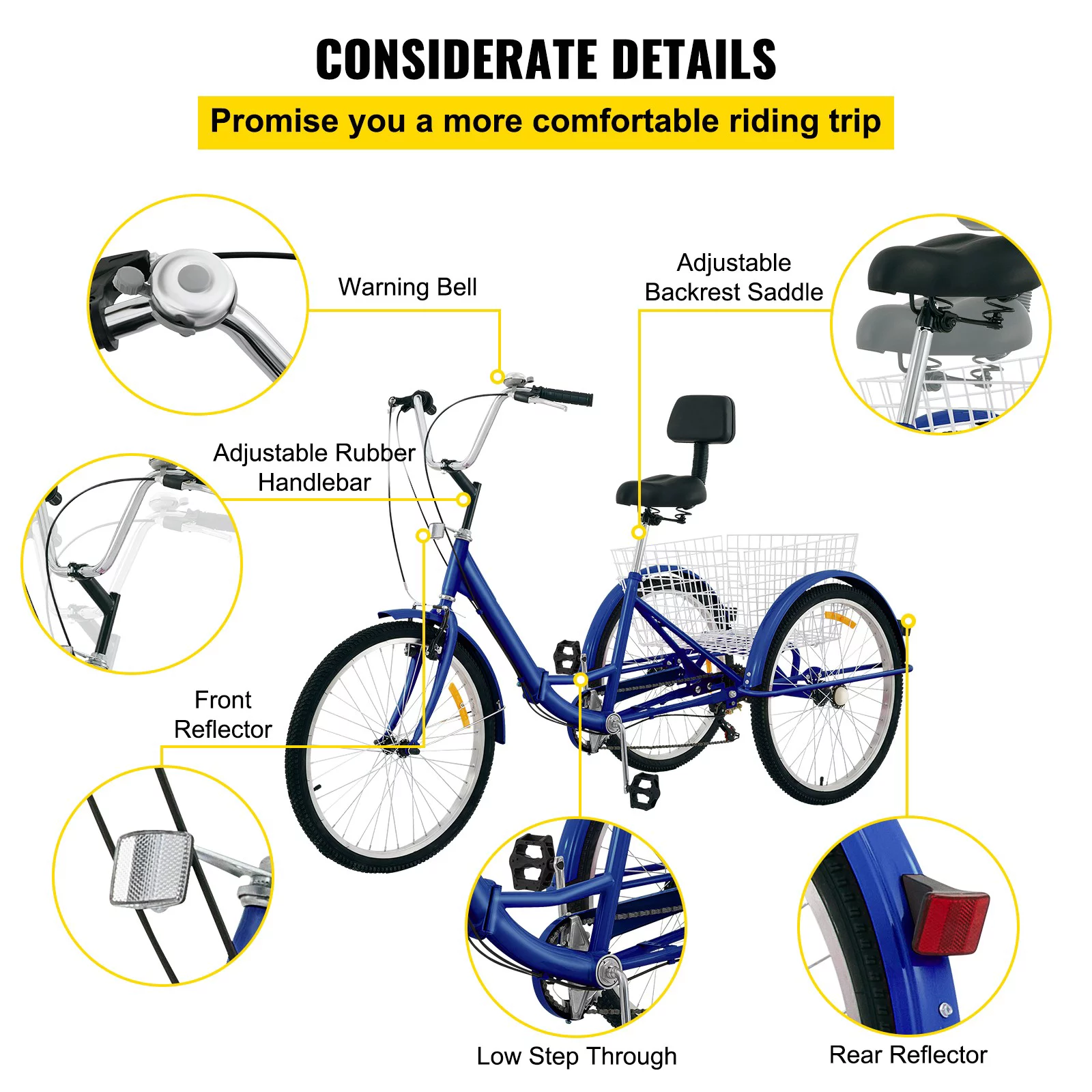 BENTISM Foldable Tricycle Adult 24'' Wheels Adult Tricycle 7-Speed 3 Wheel Bikes For Adults