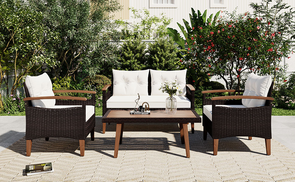 Churanty Patio Conversation Set, 4-Piece Outdoor Garden Furniture Set, Patio Seating Set, PE Rattan Outdoor Sofa Set, Wood Table and Legs