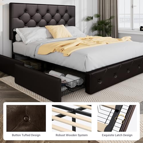 Allewie Upholstered Queen Size Platform Bed Frame with 4 Storage Drawers and Headboard, Square Stitched Button Tufted