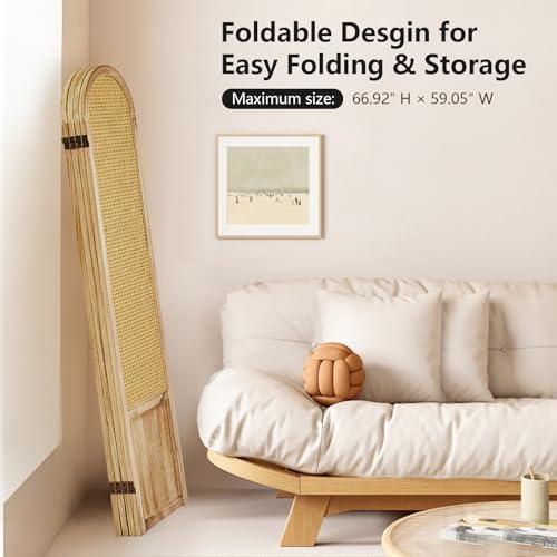 Room Divider 4 Panel, Folding Privacy Screen, Foldable Wood Divider Room Dec, Rattan Room Divider, Portable Partition Screen