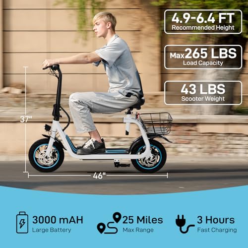 Winado Electric Scooters for Adults, 25Miles Long Range, 15.5MPH Top Speed, Foldable E-Scooter 450W Motor with 12" Pneumatic Tire, Seat, Wide Deck
