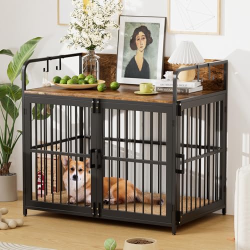 Large Dog Crate Furniture for Large Dogs, 37" Wooden Heavy Duty Dog Kennel with Double Doors