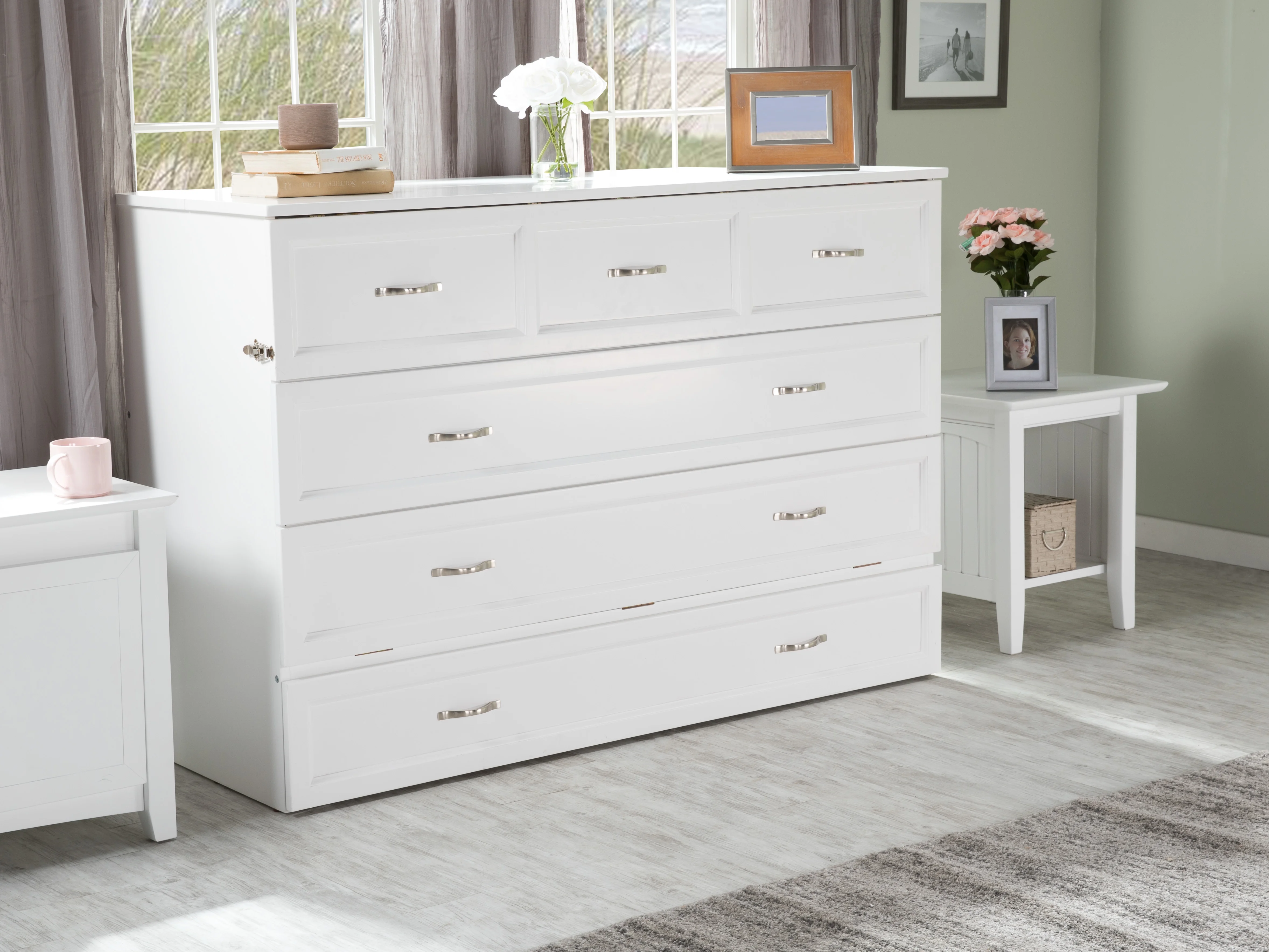 AFI Deerfield Queen Solid Wood Murphy Bed Chest with Mattress, Drawer & Charger in White