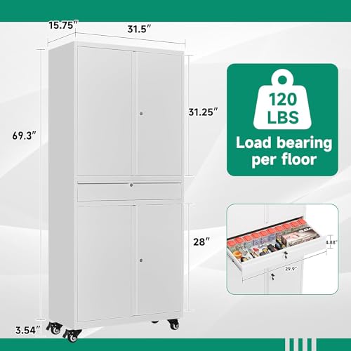 Letaya Metal Garage Storage Cabinet with Drawer,4 Door Tool Cabinet with Lock-2 Adjustable Shelves for Garage Home Office Utility Room (Black)
