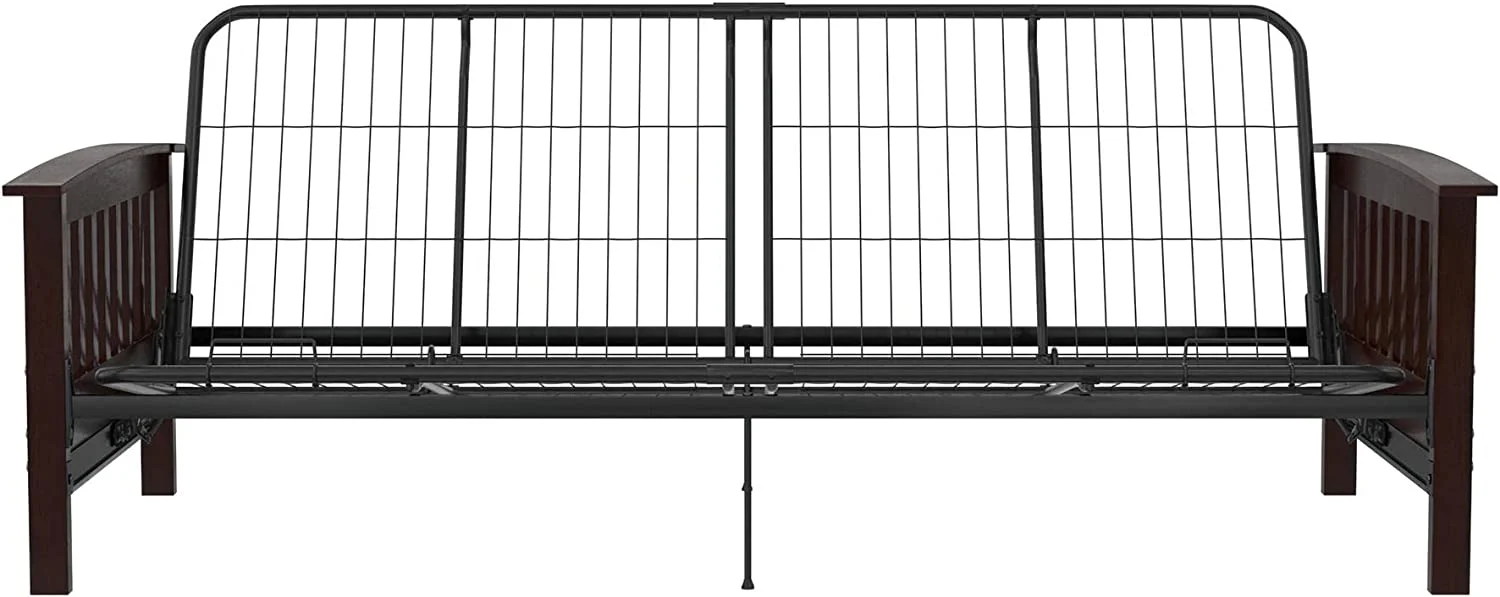 Elbi Full Size Wood Arm And Black Metal Futon Frame, Natural