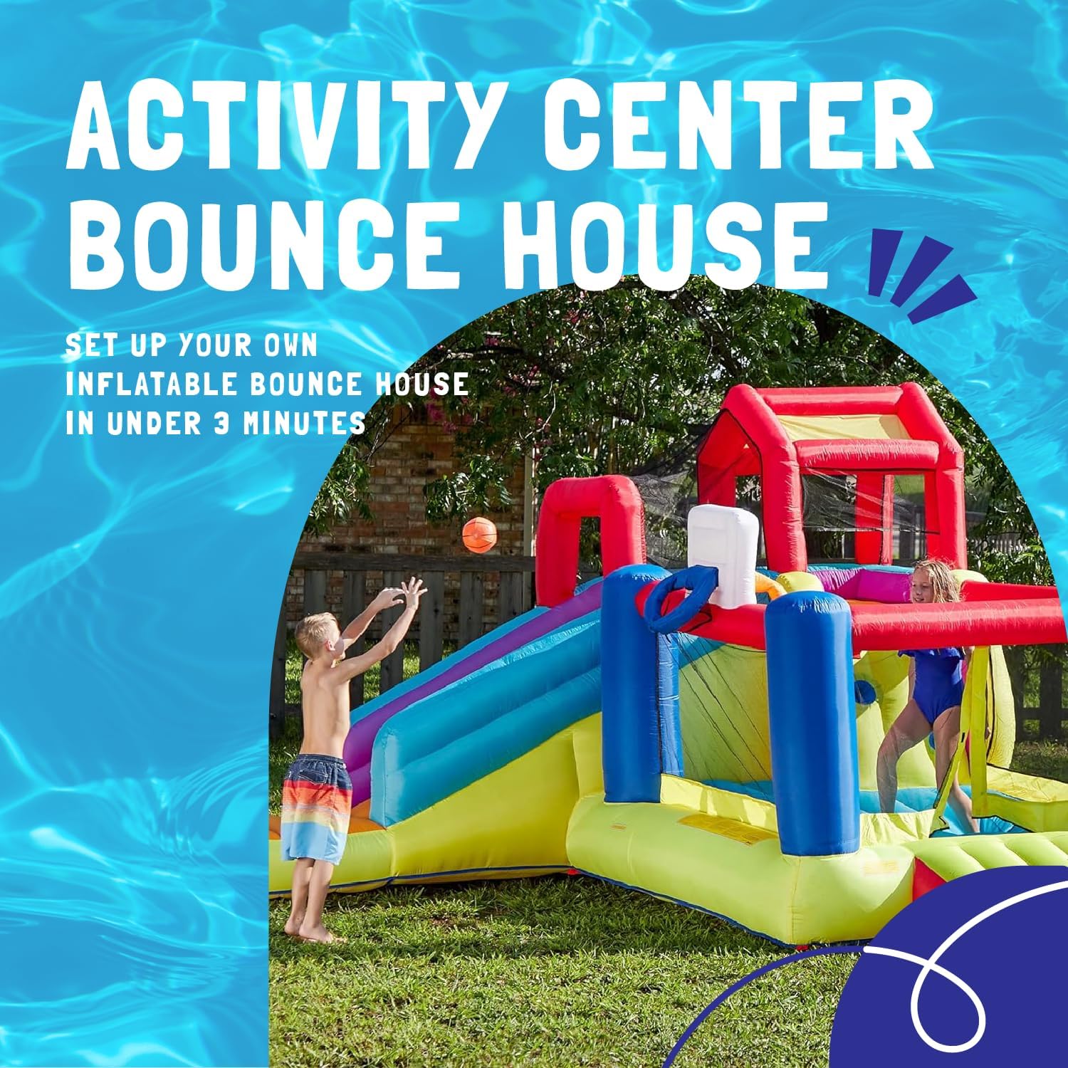 Banzai Climb ’N’ Bounce Bounce House with Slides, Basketball Hoops, Soccer Ball, and Blower