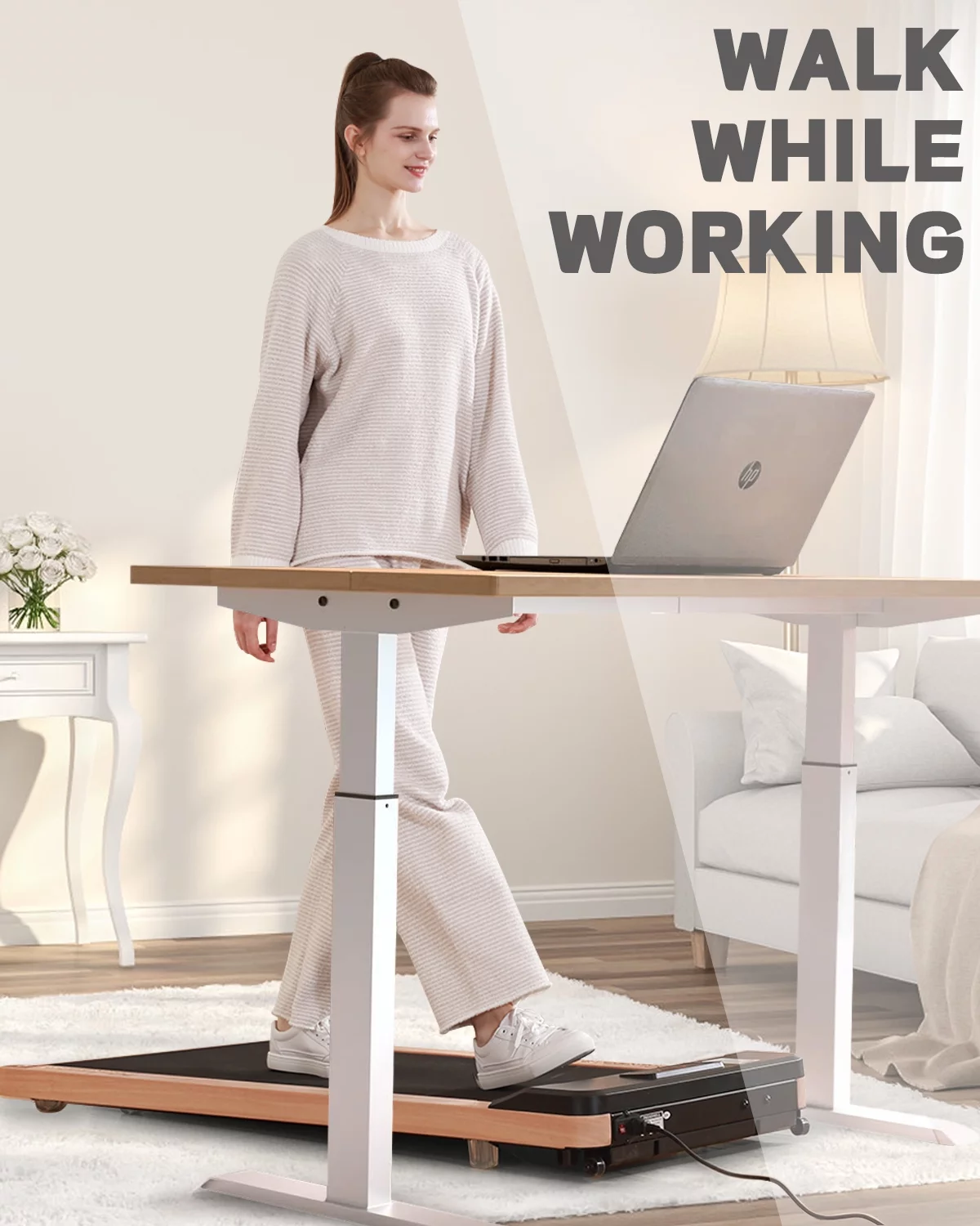 Maksone 2.25HP Installation-Free Under Desk Natural Wood Treadmill with Remote Control
