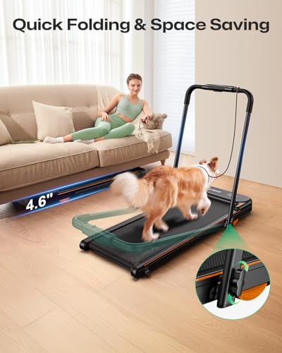 UREVO Strol 2E Smart 2-in-1 Folding Treadmill, Compact Walking Pad with Safety Handle, Plug and Play, Dual LED Display, Workout APP