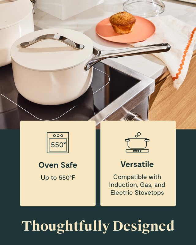 Caraway Nonstick Ceramic Sauce Pan with Lid (3 qt) - Non Toxic, PTFE & PFOA Free - Oven Safe & Compatible with All Stovetops (Gas