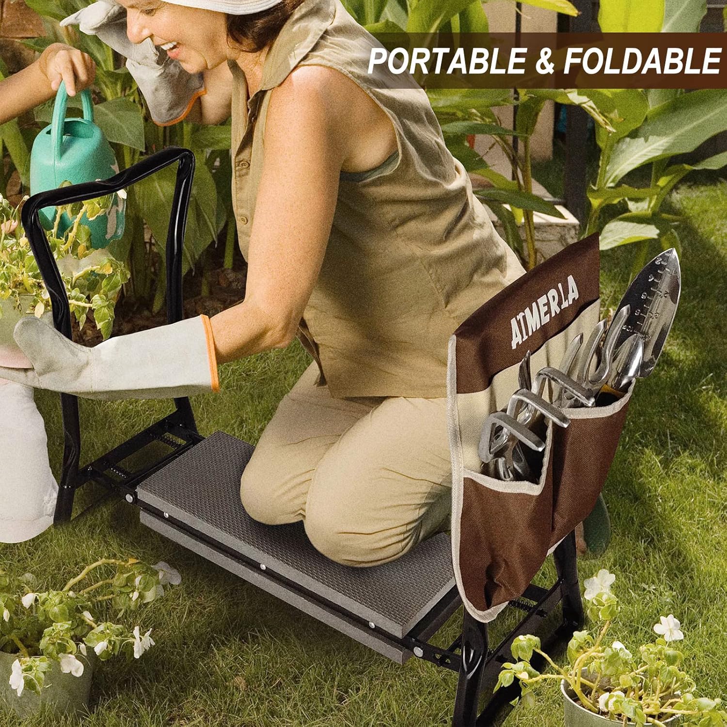 Aimerla Foldable Garden Kneeler Seat Heavy Duty {Soft Thick Kneeling Pad} Durable Garden Stool - 2 large Capacity Garden Tool Bags with Pockets
