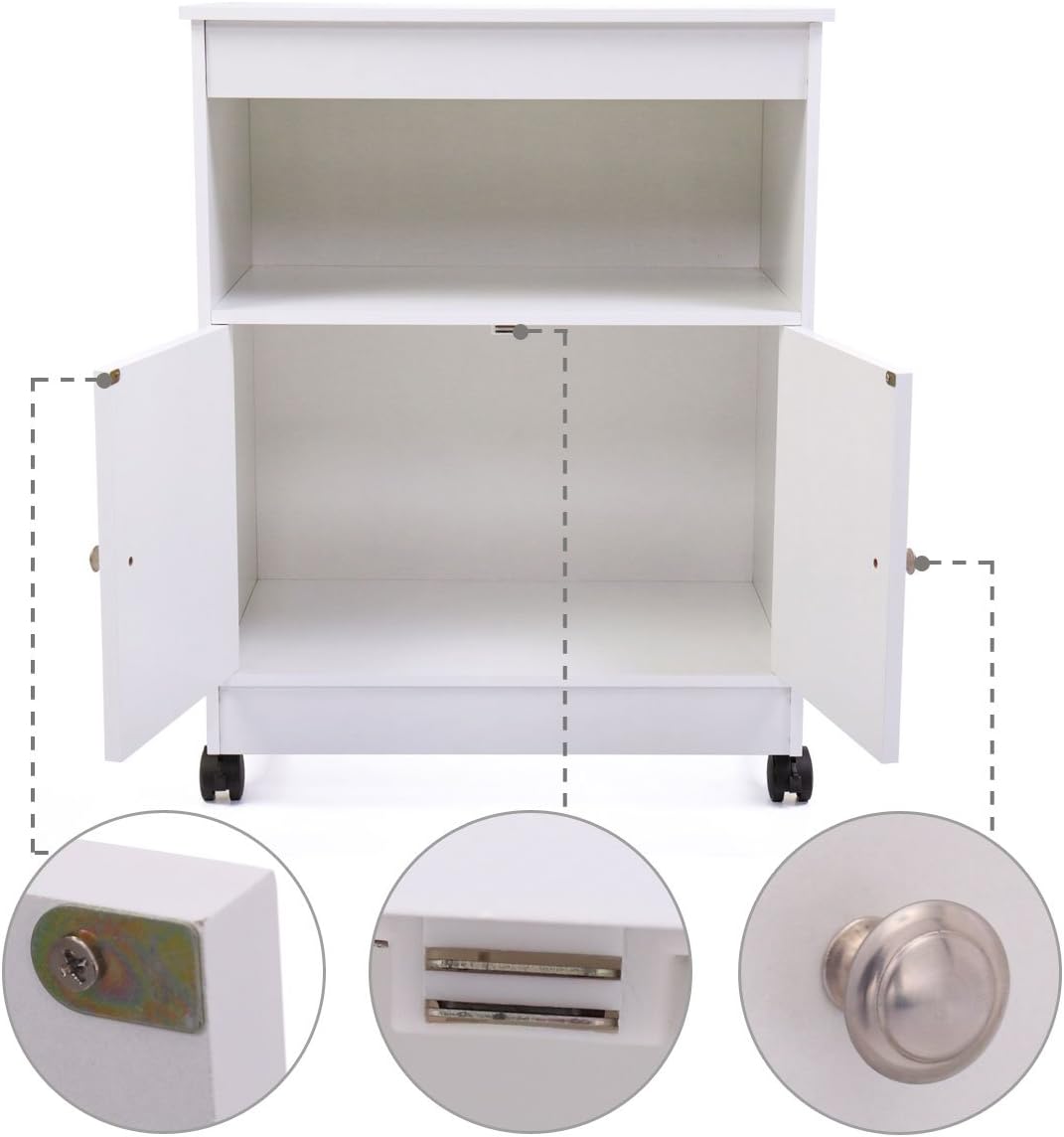 Microwave Cabinet Cart,Microwave Stand Kitchen Cart with Storage, Double Door Cabinet, Open Storage,Top Shelf,White